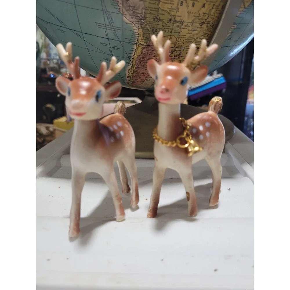 2 Small Plastic Fawn Deer Hong Kong Gold Bell Vintage